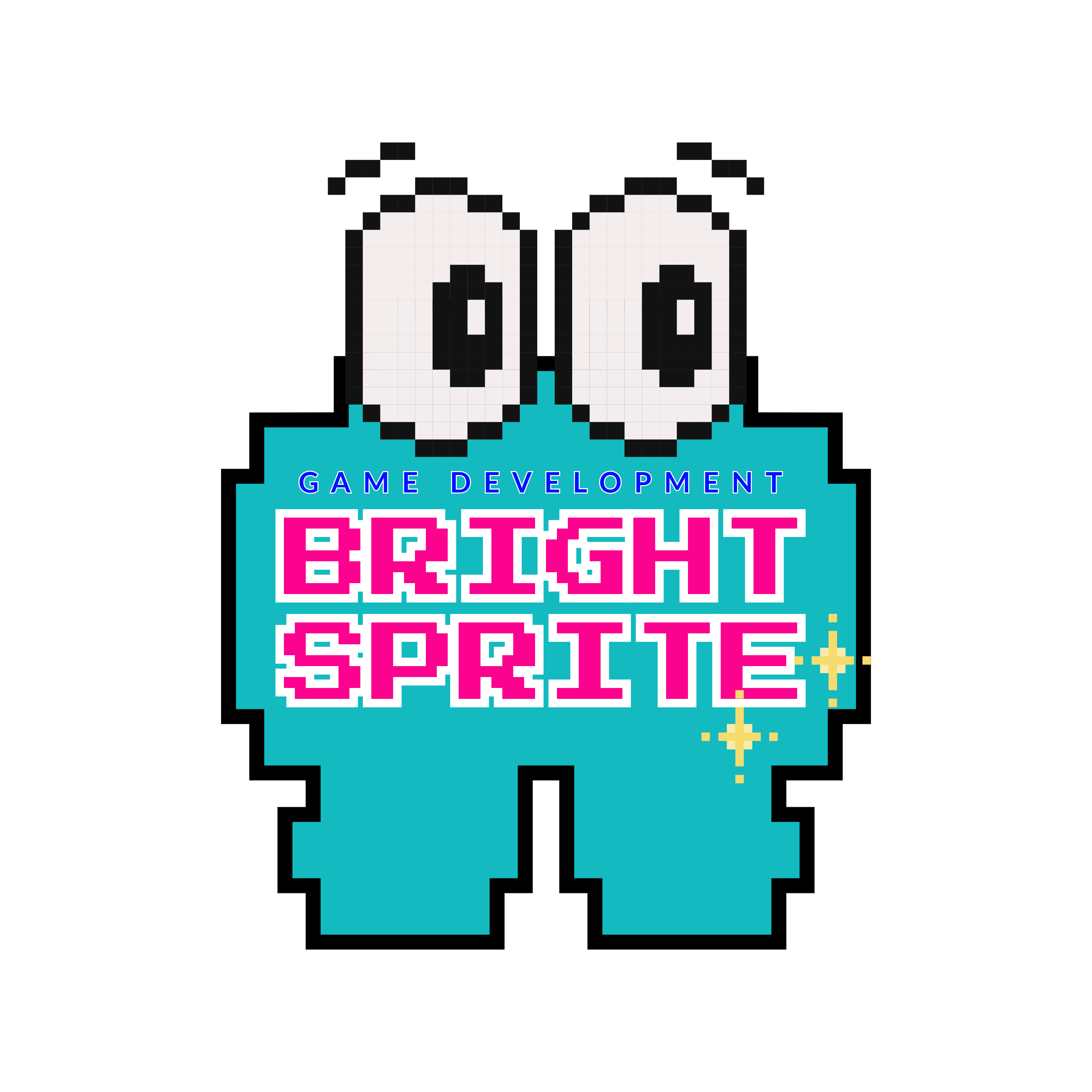 BrightSprite’s turquoise pixel mascot with wide eyes and pink Bright Sprite lettering.